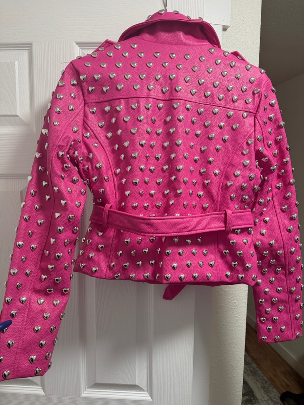 AKIRA Bright Pink Heart-Studded Belted Moto Jacket. New never worn. - Picture 4 of 4